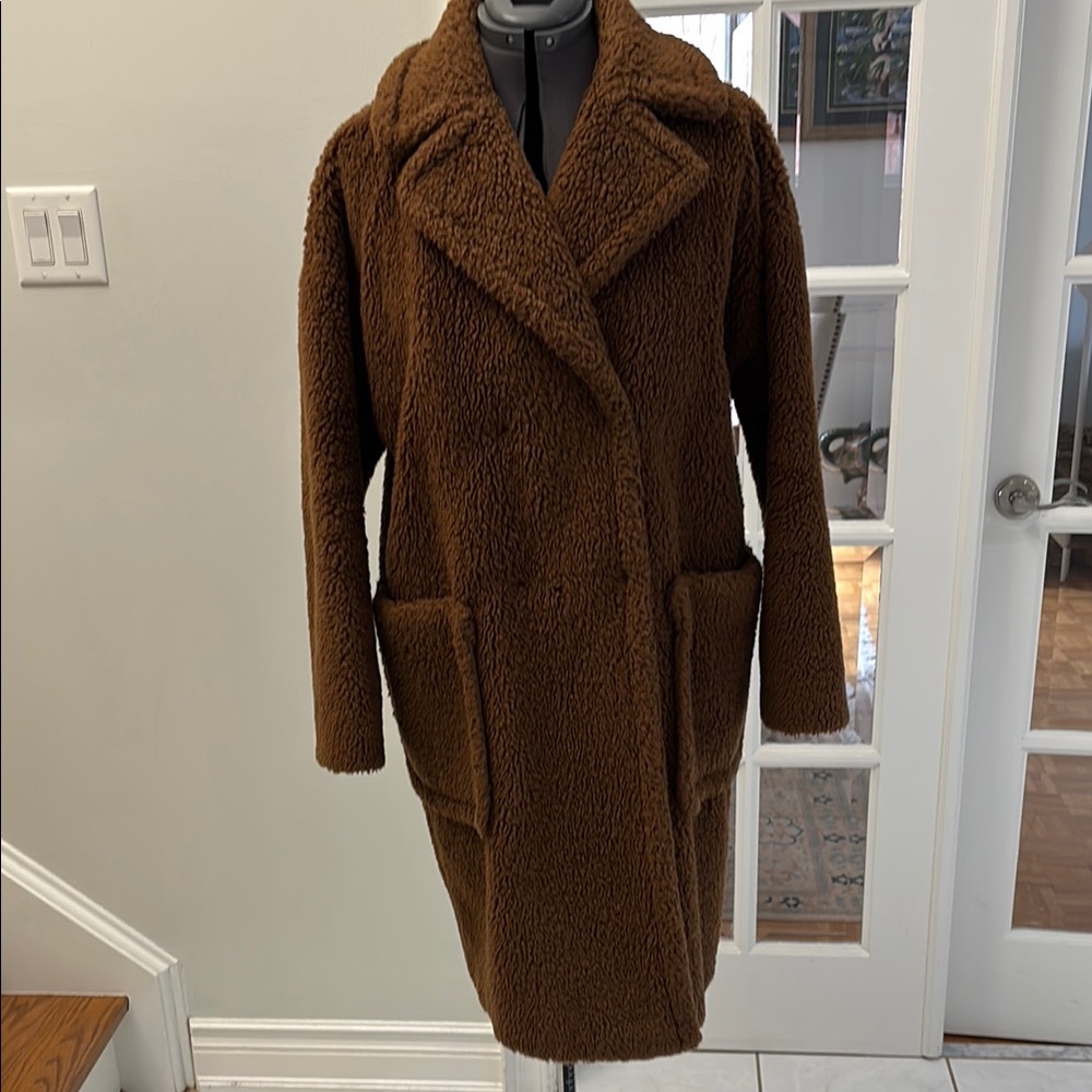 Warm Brown Teddy Jacket with Wide Lapel Collar